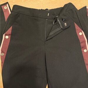 Wide Leg Snap-Trim Pants in Black with Burgundy Stripe